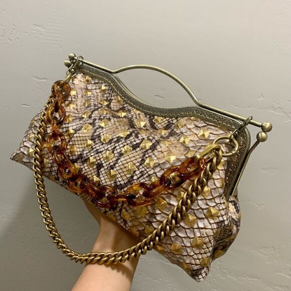 Handsewn Genuine Embossed Leather, Double Kisslock & Top Handle Bag, Crossbody - Picture 12 of 16